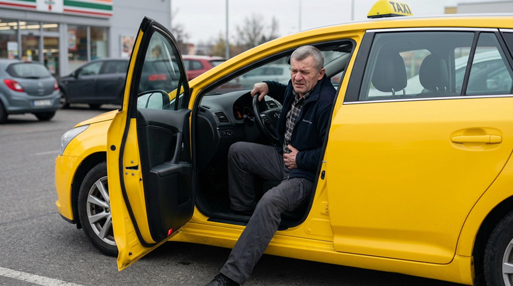Roman trzyma się za brzuch koło auta